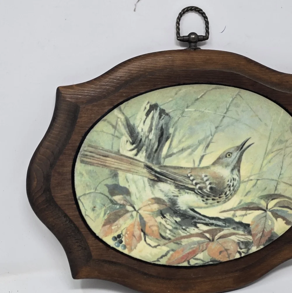 Vtg beaded glass dome 1960 floral wall art wood bird‎ farmhouse cottagecore